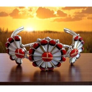 Vintage WNC Zuni Coral Inlaid Sterling Silver Cuff Bracelet Sunface Inlay Mother